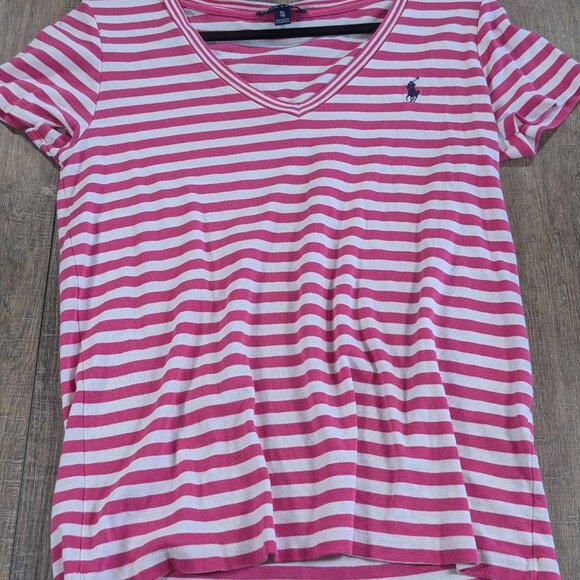 Ralph Lauren T Shirt Top LOT of 2 Womens XL Black Pink Striped V Neck Short Slv - Picture 6 of 9
